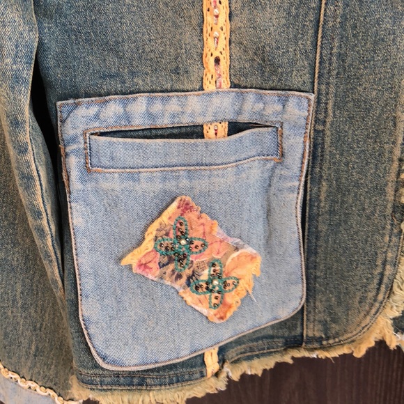 VINTAGE CHAGALL DENIM EMBELLISHED SMJACKET-HIPPIE BOHO APPLIQUÉ BEAD SEQUIN #043 - Picture 4 of 14